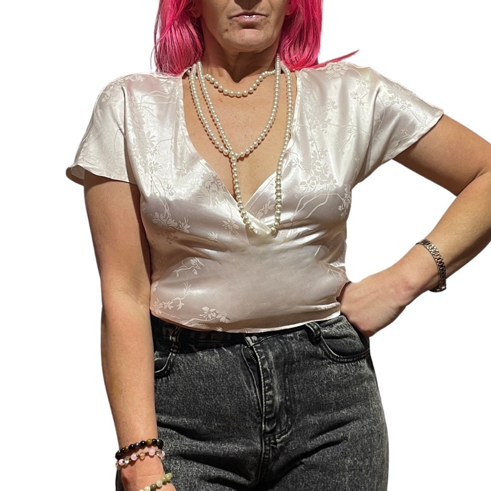 Satin Wrap Crop Top Cream Floral Jacquard Cap Sleeves - Picture 5 of 10